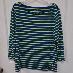 Vineyard Vines Women's Blue and Green Striped Long Sleeve Top